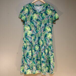 Lands End Womans Tiered Babydoll V-Neck Cruise Vacation Green Palm Dress, Small